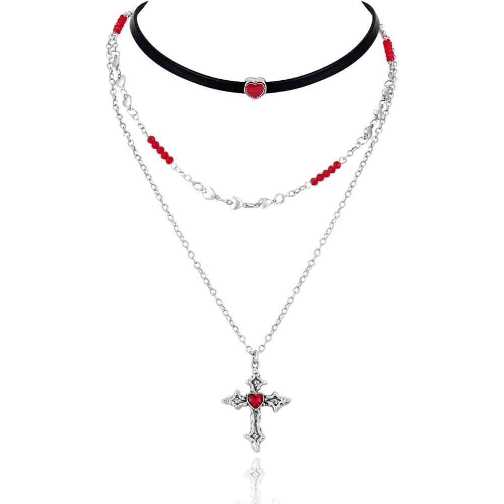 Gothic Cross Necklace Triple Layer Leather Beaded Chain Halloween Jewelry
